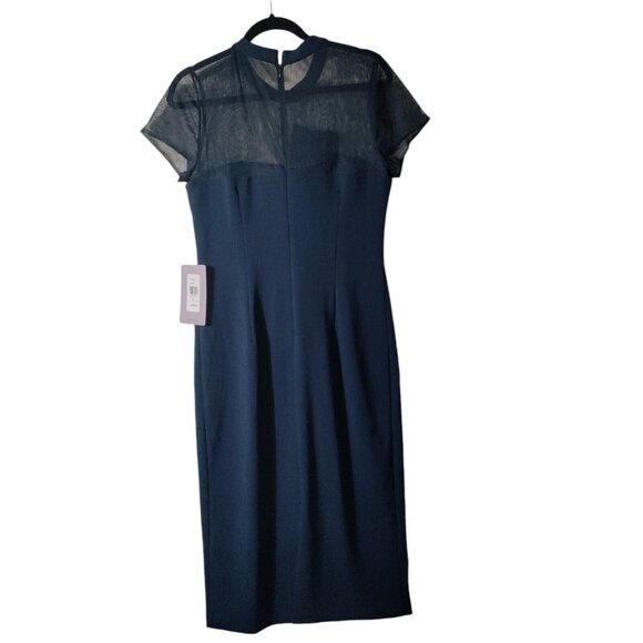 JS Collections Bow Detail Midi Dress Navy Blue Mesh Top Size 10 NWT - Picture 2 of 13